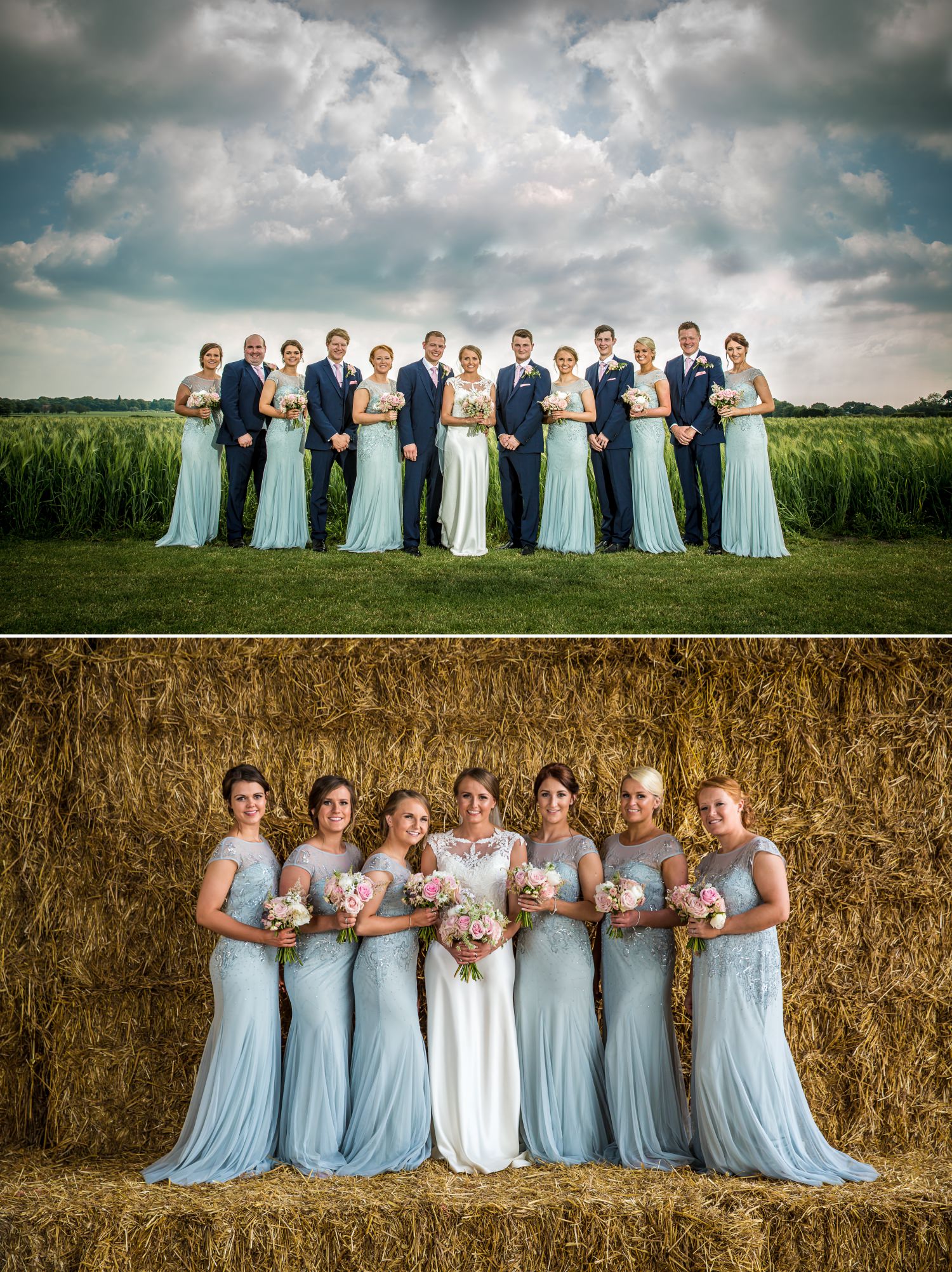 marquee on a farm wedding photography bridesmaids on hay in Lancashire