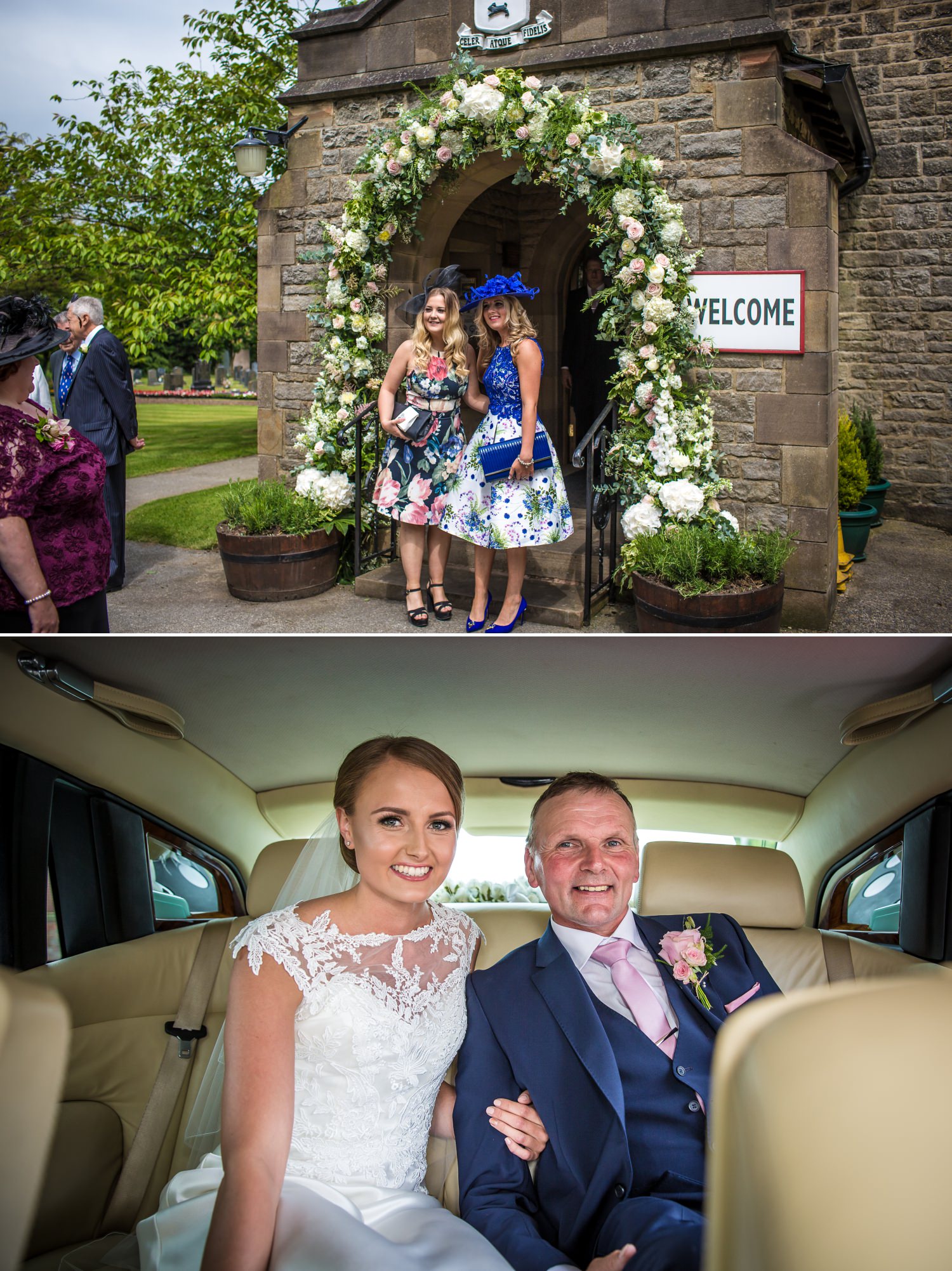 marquee on a farm wedding photography of bride arriving at the church in Lancashire
