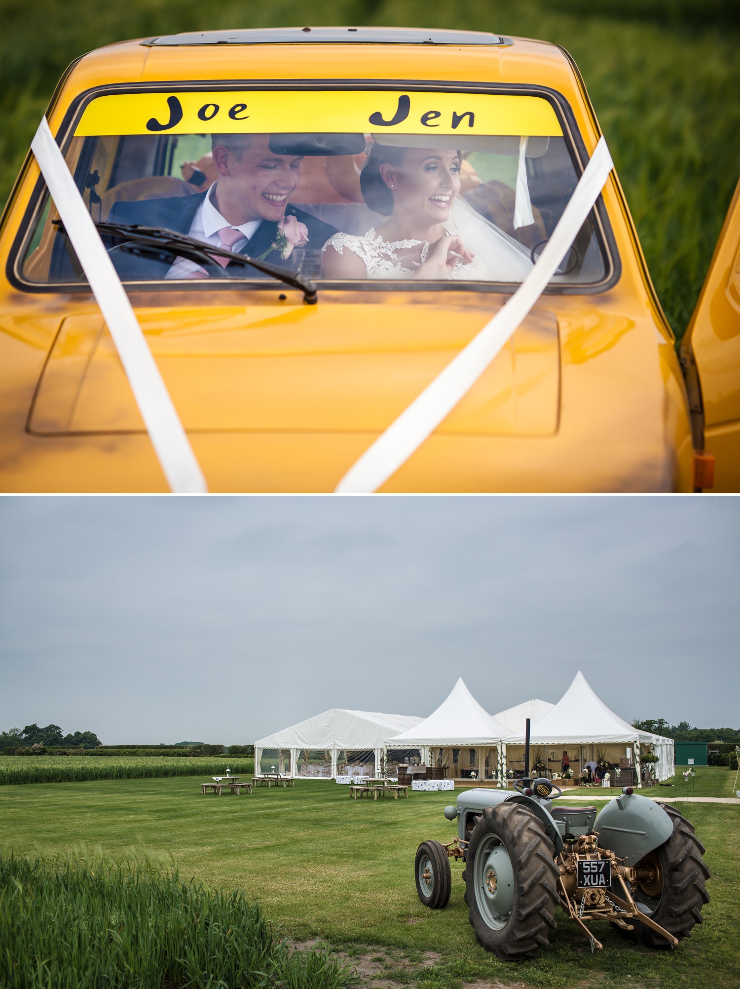 marquee on a farm wedding photography of robin reliant as transport in Lancashire