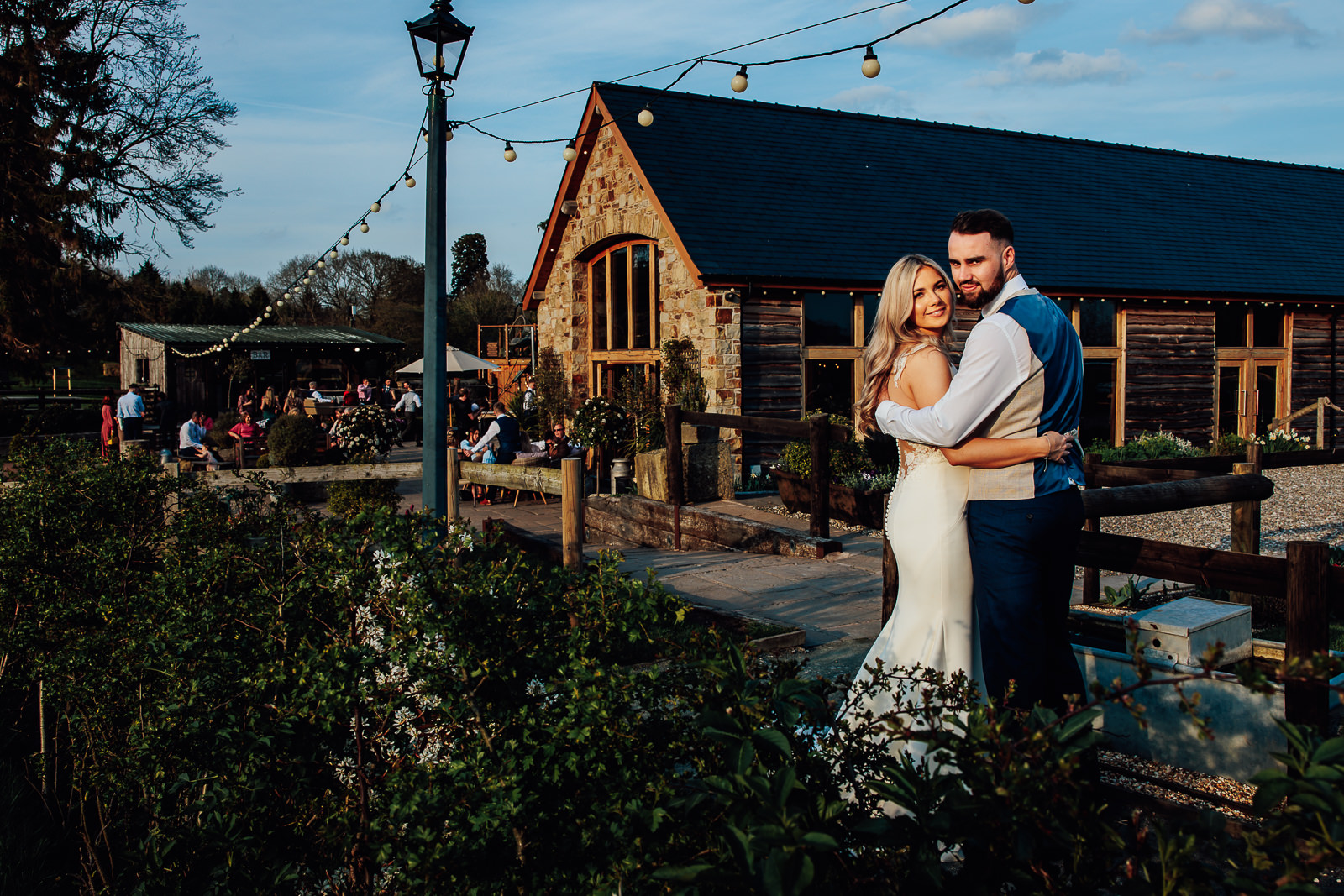 bride and groom outside tower hill barn
