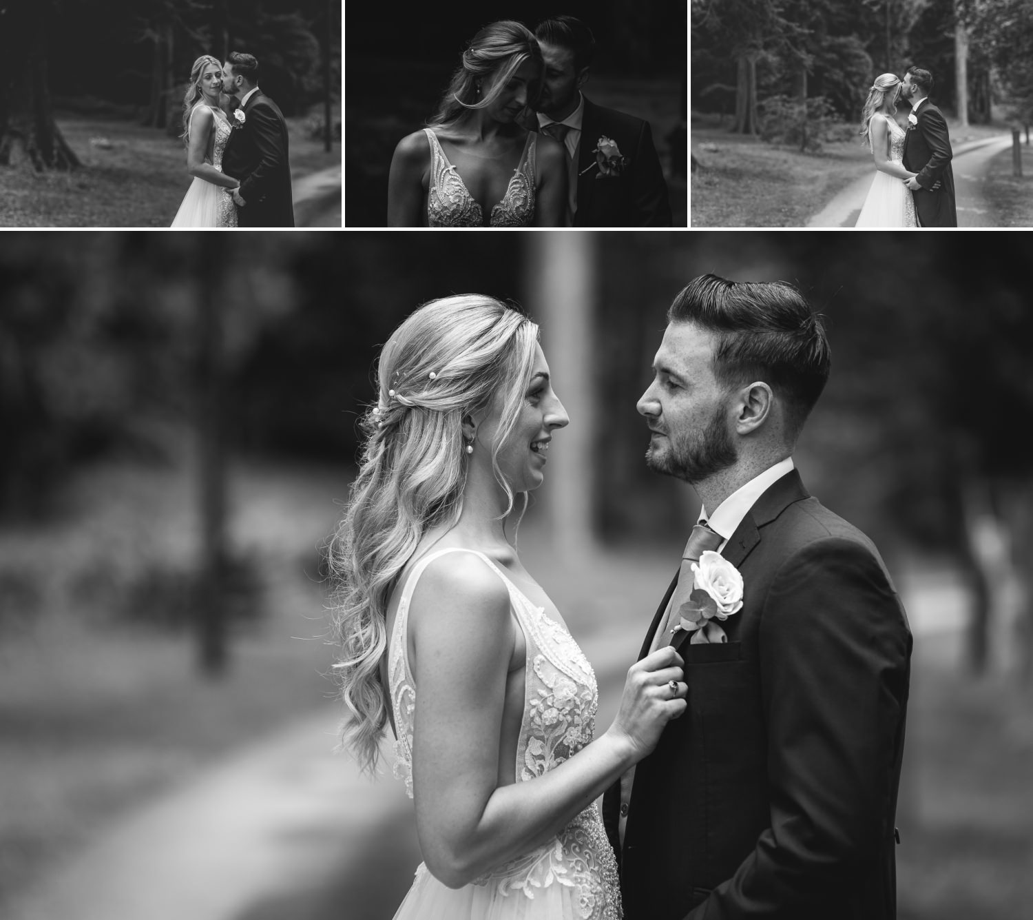 Black and white photos of bride and groom