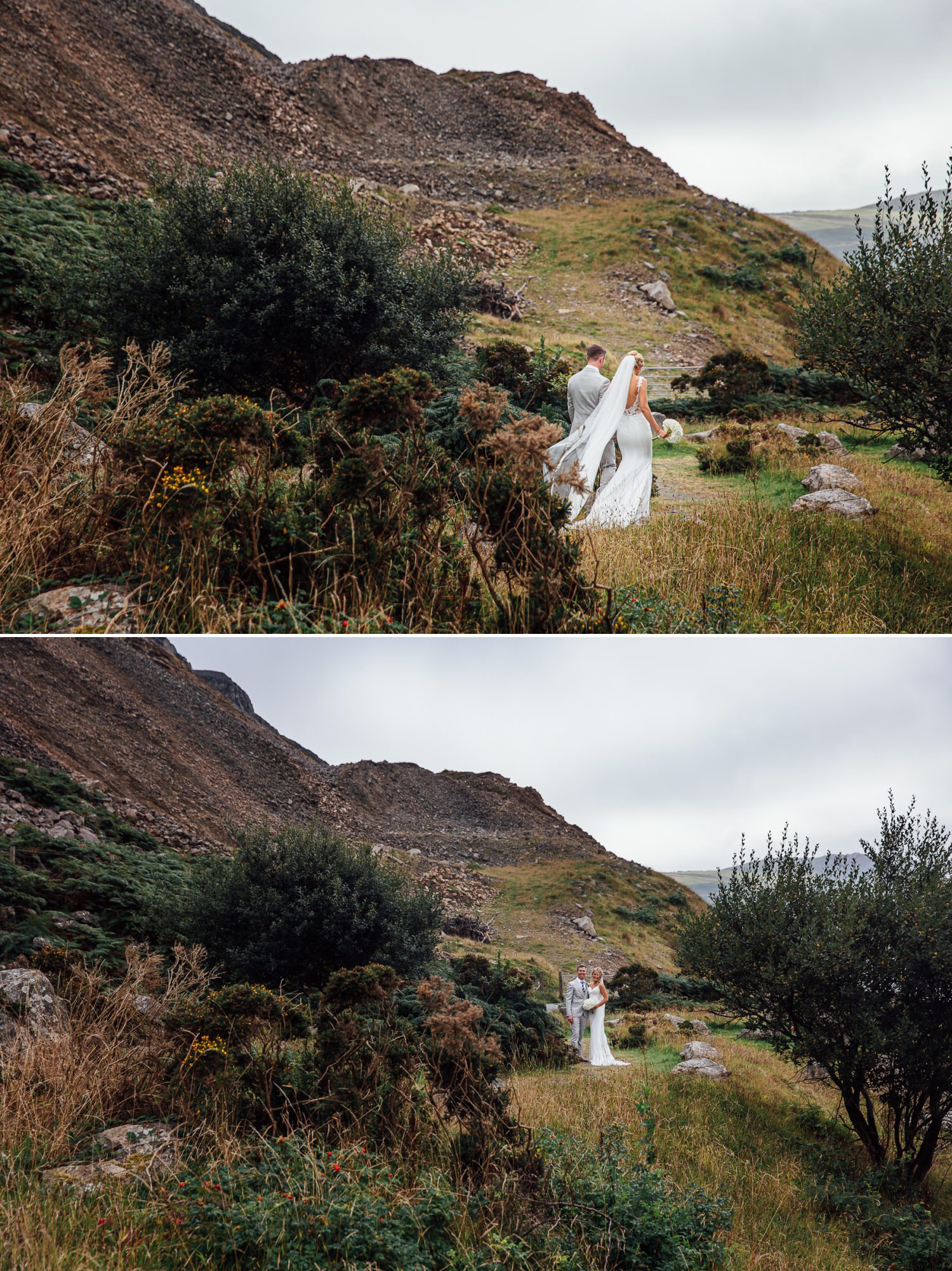 Bride and groom amongst the hills at Nant Gwrtheyrn