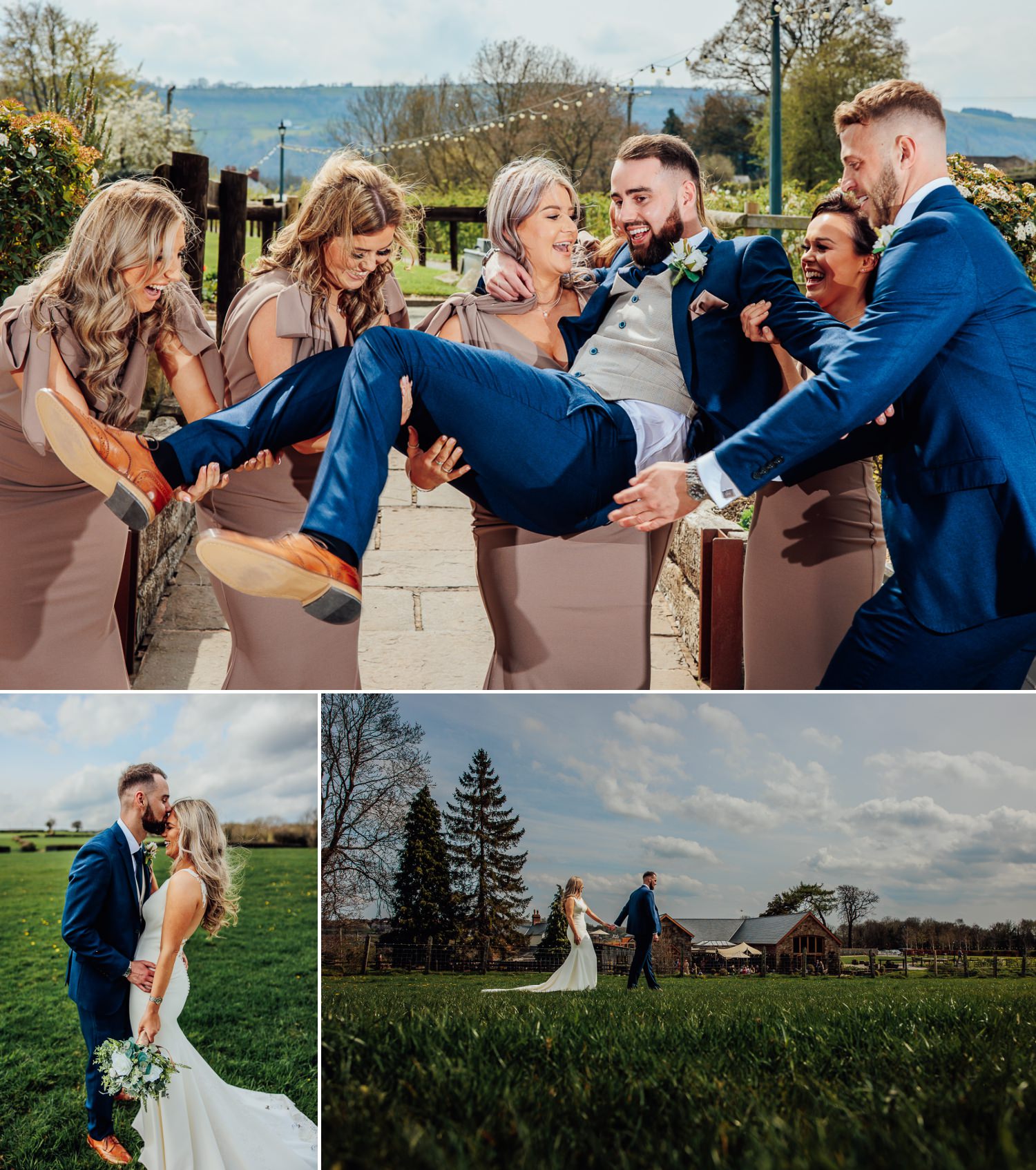 Groom being lifted by bridesmaids