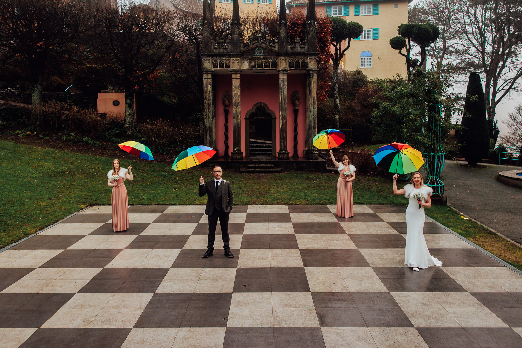 bride, groom and bridesmaids on chess board